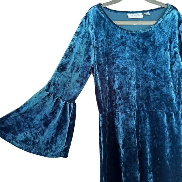 Children's Place Teal Blue Crushed Velvet Dress Bell Flare Sleeve L Large 10 12 - Picture 4 of 7